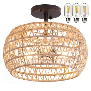 rattan ceiling light with natural woven，3-lights semi flush mount ceiling light,twine with woven lamp shade,size 10*12",boho ceiling light fixtures for kitchen dining room bedroom hallway guesthouse