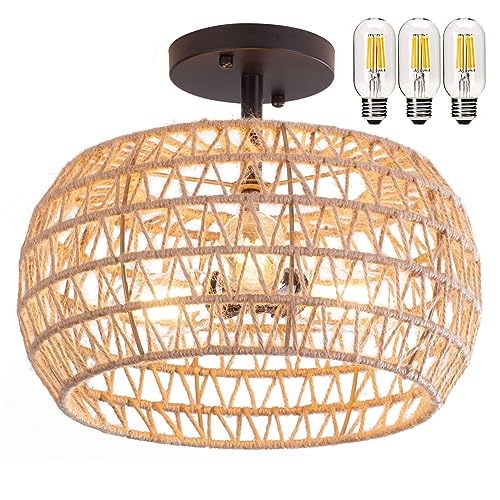 Rattan ceiling light With natural Woven，3-Lights Semi Flush Mount Ceiling Light,twine with Woven Lamp Shade,size 10*12",Boho Ceiling Light Fixtures for Kitchen Dining Room Bedroom Hallway Guesthouse