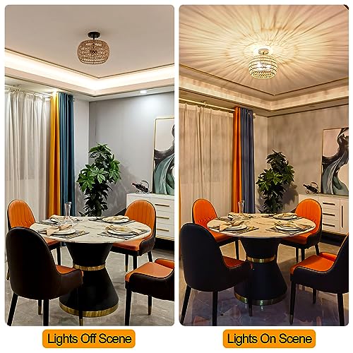 Rattan ceiling light With natural Woven，3-Lights Semi Flush Mount Ceiling Light,twine with Woven Lamp Shade,size 10*12",Boho Ceiling Light Fixtures for Kitchen Dining Room Bedroom Hallway Guesthouse