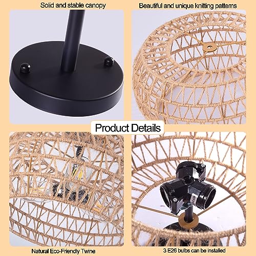 Rattan ceiling light With natural Woven，3-Lights Semi Flush Mount Ceiling Light,twine with Woven Lamp Shade,size 10*12",Boho Ceiling Light Fixtures for Kitchen Dining Room Bedroom Hallway Guesthouse