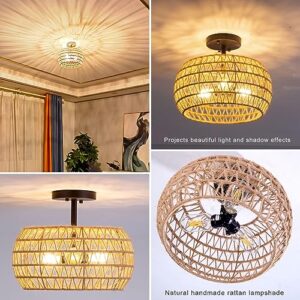 Rattan ceiling light With natural Woven，3-Lights Semi Flush Mount Ceiling Light,twine with Woven Lamp Shade,size 10*12",Boho Ceiling Light Fixtures for Kitchen Dining Room Bedroom Hallway Guesthouse