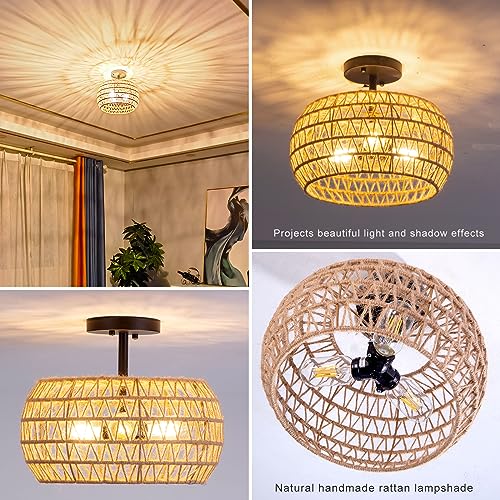 Rattan ceiling light With natural Woven，3-Lights Semi Flush Mount Ceiling Light,twine with Woven Lamp Shade,size 10*12",Boho Ceiling Light Fixtures for Kitchen Dining Room Bedroom Hallway Guesthouse