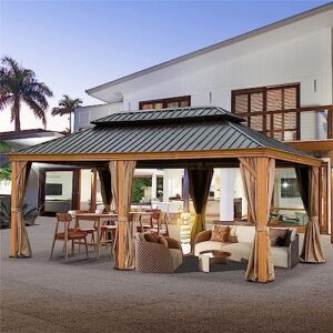 jaxenor 12'x20' outdoor aluminum wood grain hardtop gazebo - galvanized steel double canopy for patios, decks, and backyards - includes curtains and netting (wood-looking)