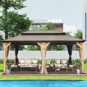 jaxenor outdoor cedar wood frame canopy - 12'x20' hardtop gazebo with galvanized steel double roof - permanent metal pavilion for patio, backyard, and lawn - includes curtains and netting - brown