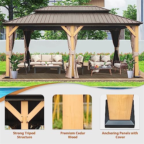 Jaxenor Outdoor Cedar Wood Frame Canopy - 12'x20' Hardtop Gazebo with Galvanized Steel Double Roof - Permanent Metal Pavilion for Patio, Backyard, and Lawn - Includes Curtains and Netting - Brown