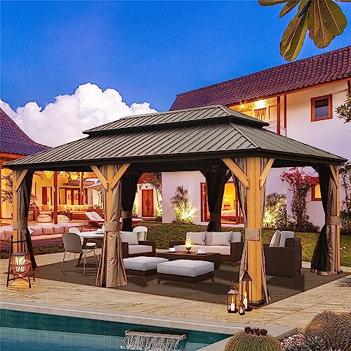 Jaxenor Outdoor Cedar Wood Frame Canopy - 12'x20' Hardtop Gazebo with Galvanized Steel Double Roof - Permanent Metal Pavilion for Patio, Backyard, and Lawn - Includes Curtains and Netting - Brown