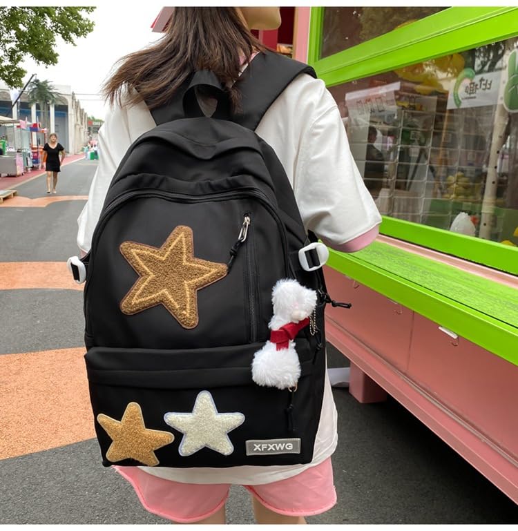 MININAI Y2k Backpack with Kawaii Pendant Aesthetic Star Backpack Cute Preppy Laptop Book Bag Back to College Supplie (Black,One Size)
