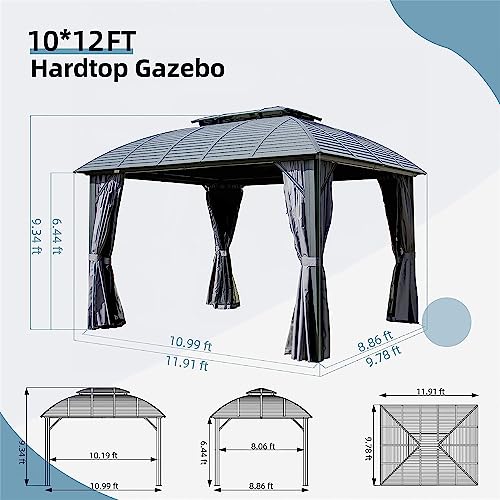 Jaxenor 10'x12' Aluminum Double Roof Gazebo with Galvanized Steel Canopy - Hardtop Gazebo, Aluminum Frame Tent with Zippered Mosquito Netting and Privacy Sidewall - Black