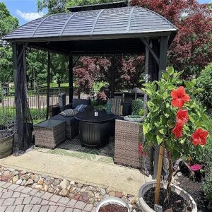 Jaxenor 10'x12' Aluminum Double Roof Gazebo with Galvanized Steel Canopy - Hardtop Gazebo, Aluminum Frame Tent with Zippered Mosquito Netting and Privacy Sidewall - Black
