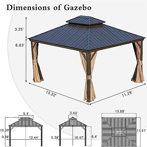 Jaxenor Outdoor Aluminum Frame Canopy - 12'x14' Hardtop Gazebo with Galvanized Steel Double Roof - Permanent Metal Pavilion for Patio, Backyard, and Lawn - Includes Curtains and Netting - Brown