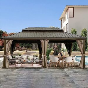 jaxenor outdoor aluminum frame canopy - 12'x18' hardtop gazebo with galvanized steel double roof - permanent metal pavilion for patio, backyard, and lawn - includes curtains and netting - brown