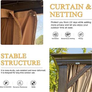 Jaxenor Outdoor Aluminum Frame Canopy - 12'x20' Hardtop Gazebo with Galvanized Steel Double Roof - Brown Pavilion for Patio, Backyard, and Lawn - Includes Curtains and Netting