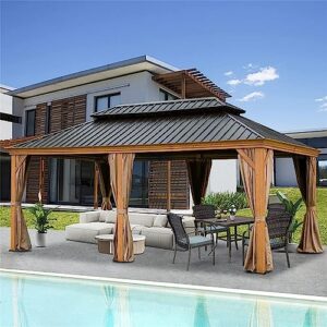 jaxenor wood-looking hardtop gazebo - 12'x18' outdoor pavilion with curtains and netting - coated aluminum frame, galvanized steel double roof - ideal for patio, deck, and lawn