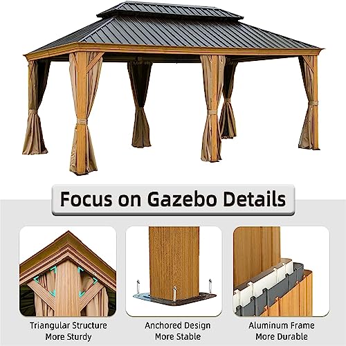 Jaxenor Wood-Looking Hardtop Gazebo - 12'x18' Outdoor Pavilion with Curtains and Netting - Coated Aluminum Frame, Galvanized Steel Double Roof - Ideal for Patio, Deck, and Lawn