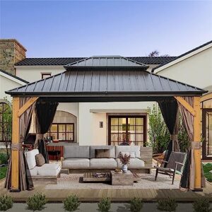 jaxenor outdoor cedar wood frame canopy - 12'x14' hardtop gazebo with galvanized steel double roof - permanent metal pavilion for patio, backyard, and lawn - includes curtains and netting - brown