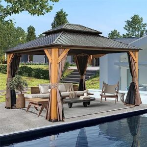 Jaxenor Outdoor Cedar Wood Frame Canopy - 12'x14' Hardtop Gazebo with Galvanized Steel Double Roof - Permanent Metal Pavilion for Patio, Backyard, and Lawn - Includes Curtains and Netting - Brown