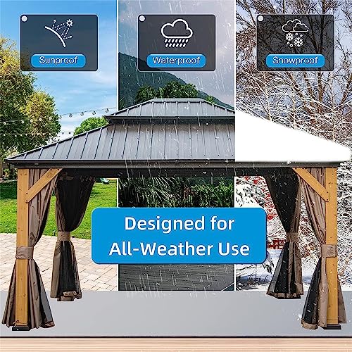 Jaxenor Outdoor Cedar Wood Frame Canopy - 12'x14' Hardtop Gazebo with Galvanized Steel Double Roof - Permanent Metal Pavilion for Patio, Backyard, and Lawn - Includes Curtains and Netting - Brown