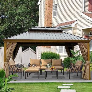 jaxenor 12'x16' outdoor hardtop gazebo - aluminum wood grain finish - galvanized steel double canopy - ideal for patios, decks, and backyards - includes curtains and netting - wood-looking design