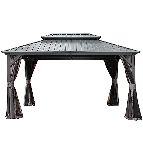 Jaxenor Outdoor Aluminum Hardtop Gazebo with Galvanized Steel Double Canopy - Ideal for Patios, Decks, and Backyards - Includes Curtains and Netting - Grill Shelter