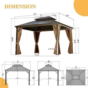 Jaxenor Outdoor Aluminum Hardtop Gazebo with Galvanized Steel Double Canopy - Ideal for Patios, Decks, and Backyards - Includes Curtains and Netting - Grill Shelter