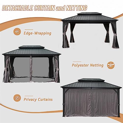 Jaxenor Outdoor Aluminum Hardtop Gazebo with Galvanized Steel Double Canopy - Ideal for Patios, Decks, and Backyards - Includes Curtains and Netting - Grill Shelter