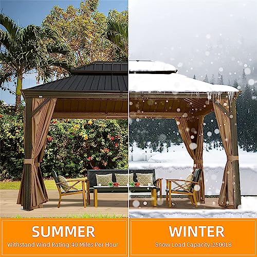 Jaxenor Outdoor Aluminum Hardtop Gazebo with Galvanized Steel Double Canopy - Ideal for Patios, Decks, and Backyards - Includes Curtains and Netting - Grill Shelter