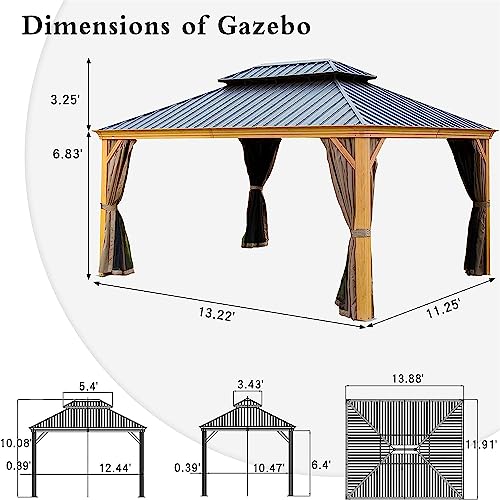 Jaxenor Wood-Looking 12'x14' Hardtop Gazebo - Coated Aluminum Frame, Galvanized Steel Double Roof - Outdoor Metal Pavilion with Curtains and Netting for Patio, Deck, and Lawn