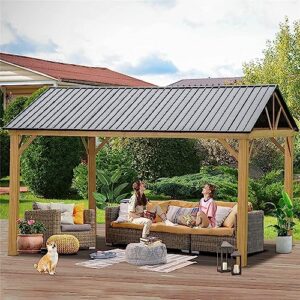 jaxenor outdoor aluminum gazebo - 12'x14' hardtop with galvanized steel gable canopy for patio decks and backyard - yellow-brown