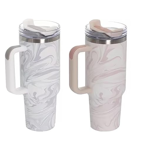 Thirst Trap Drinkware 40 OZ Swirl Tumbler with handle, 2.0 lid and straw, stainless steel travel mug for cold & warm drinks (Rose Quartz Swirl)