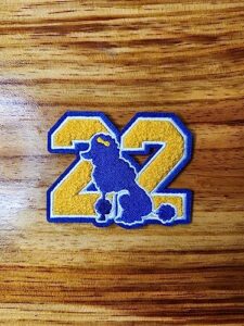3" sigma gamma rho blue and gold "22" iron on chenille and embroidered patch