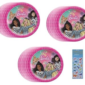 Barbie Party Supplies Bundle includes 24 Dessert Cake Paper Plates and 1 Dinosaur Sticker Sheet