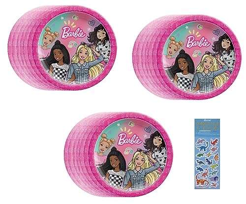 Barbie Party Supplies Bundle includes 24 Dessert Cake Paper Plates and 1 Dinosaur Sticker Sheet