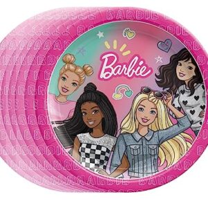 Barbie Party Supplies Bundle includes 24 Dessert Cake Paper Plates and 1 Dinosaur Sticker Sheet