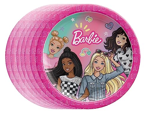 Barbie Party Supplies Bundle includes 24 Dessert Cake Paper Plates and 1 Dinosaur Sticker Sheet