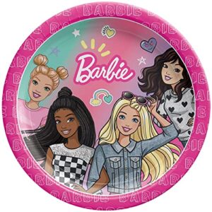 Barbie Party Supplies Bundle includes 24 Dessert Cake Paper Plates and 1 Dinosaur Sticker Sheet