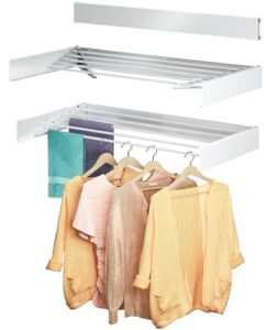 laundry drying rack collapsible, wall mounted, clothes drying rack, 31.4" wide, 13.2 linear ft, 5 aluminum rods, 60 lb capacity, with wall template, screwdriver bit, drill bit ( white 31.4" medium )