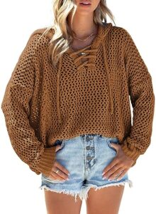 evaless fall sweaters for women 2023 long sleeve cover ups for swimwear women knitted hollow out sweater v neck drawstring chunky cutout sweater crochet hoodie pullover khaki m