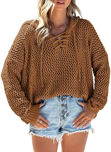 EVALESS Fall Sweaters for Women 2023 Long Sleeve Cover Ups for Swimwear Women Knitted Hollow Out Sweater V Neck Drawstring Chunky Cutout Sweater Crochet Hoodie Pullover Khaki M