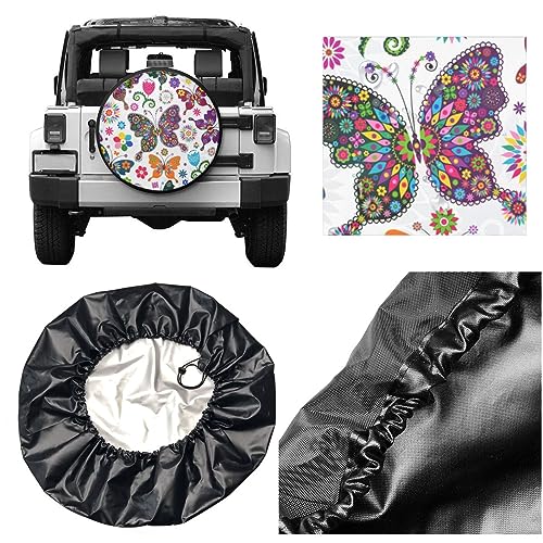 Colorful Butterflies and Flowers Spare Tire Cover Wheel Covers Universal Fit for Trailer SUV Truck Camper Trailers Accessories