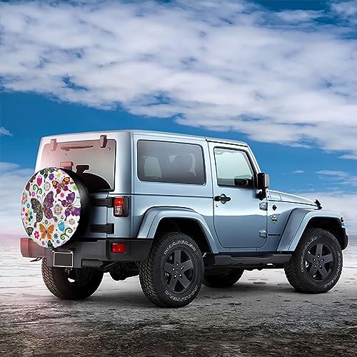 Colorful Butterflies and Flowers Spare Tire Cover Wheel Covers Universal Fit for Trailer SUV Truck Camper Trailers Accessories