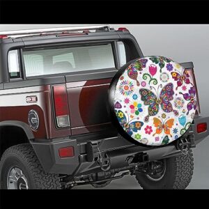 Colorful Butterflies and Flowers Spare Tire Cover Wheel Covers Universal Fit for Trailer SUV Truck Camper Trailers Accessories