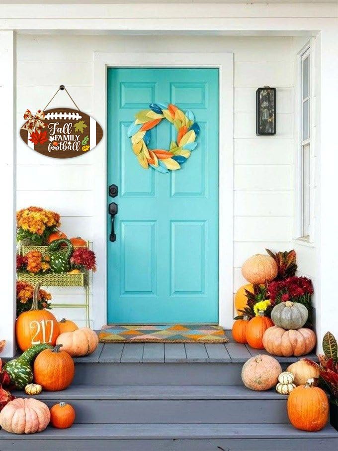 Muroanmi Fall Welcome Sign for Front Door, Fall Family Football Sign, Farmhouse Front Door Signs Seasonal Rustic Wooden Home Sign Football Sports Lover Home Décor 12Inch