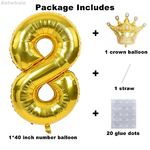 40 Inch Gold Number Foil Balloons With Detachable Gold Crown,Large Size Number 8 Mylar Helium Balloons For 8th Birthday Party Wedding Anniversary Celebration Decoration Supplies (8)