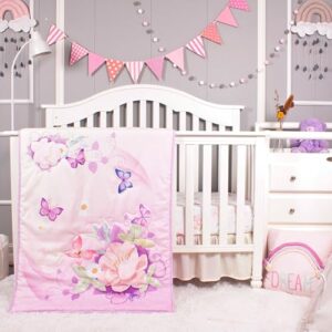 la premura baby crib bedding set for girls, watercolor lilac butterfly 3 piece standard size crib set for baby girl, cunas para bebes, floral crib bedding set, pastel pink, yellow and purple