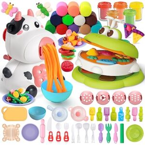 playdough sets for kids ages 4-8, cow&frog play dough sets 50 pcs kitchen creations set create noodles/burgers/insects/plants play dough sets for kids with cutlery/bowls/plates/pans/(5+12 dough)