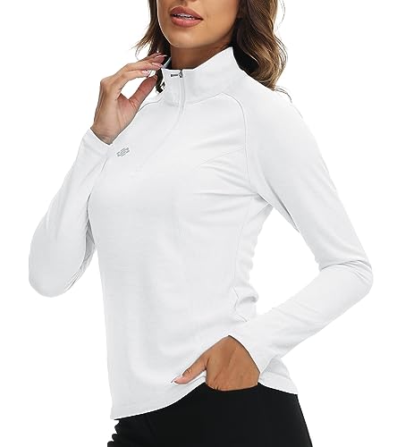 MoFiz Golf Shirt for Women Long Sleeves UV Protection Zip-up Female Biking Shirt Womens Daily Wear Tops White M