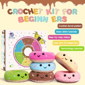 Crochet Kit for Beginners, Beginner Crochet Starter Kit w Step-by-Step Video Tutorials, Learn to Crochet Kits for Adults & Kids, DIY Knitting Supplies, 6-Pack Donut Family(40%+ Yarn Content)