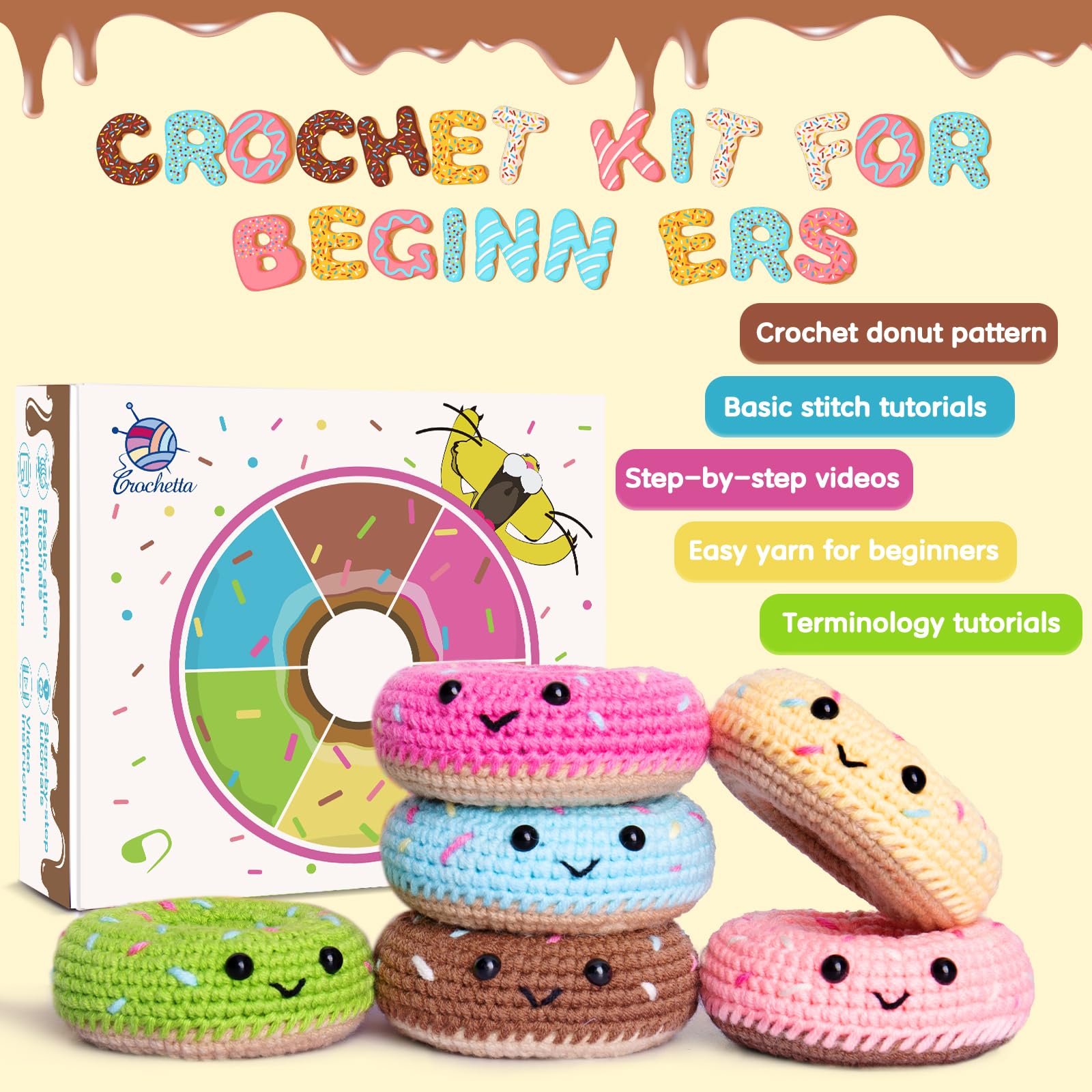 Crochet Kit for Beginners, Beginner Crochet Starter Kit w Step-by-Step Video Tutorials, Learn to Crochet Kits for Adults & Kids, DIY Knitting Supplies, 6-Pack Donut Family(40%+ Yarn Content)