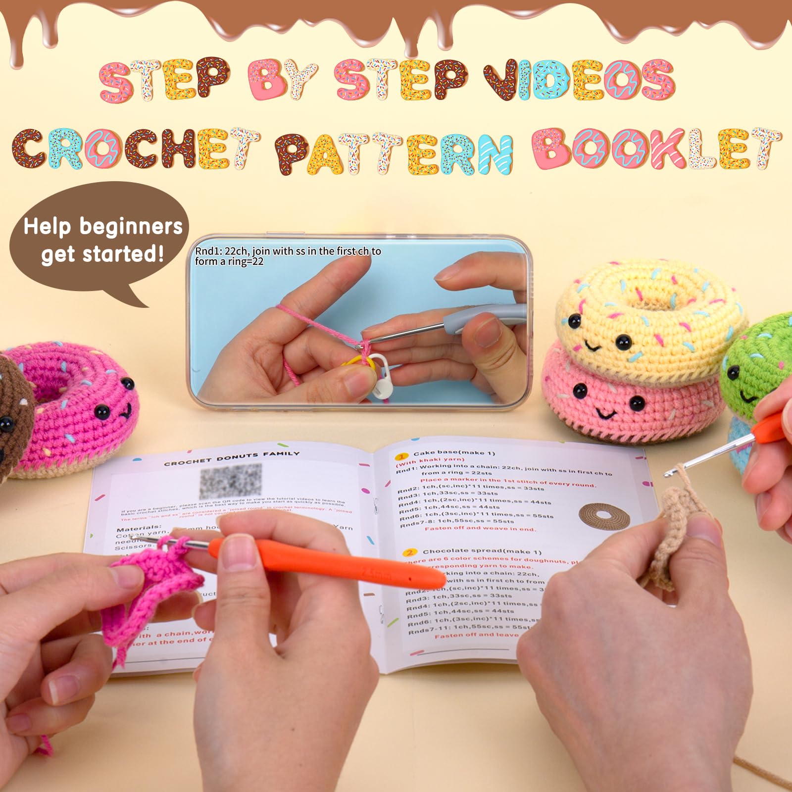 Crochet Kit for Beginners, Beginner Crochet Starter Kit w Step-by-Step Video Tutorials, Learn to Crochet Kits for Adults & Kids, DIY Knitting Supplies, 6-Pack Donut Family(40%+ Yarn Content)