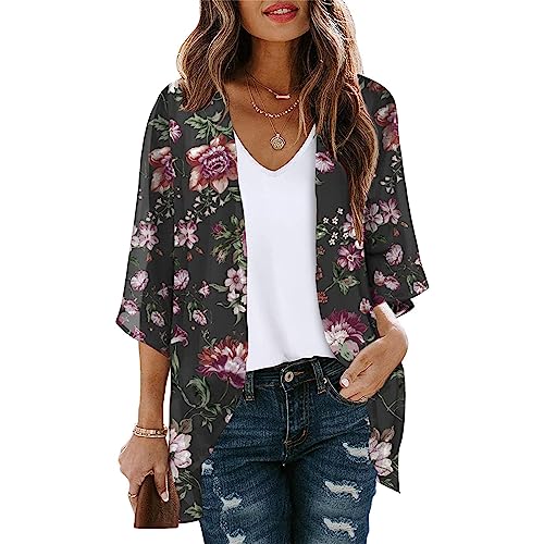 Plus Size Kimono Cardigan for Women 3/4 Sleeve Bohemia Floral Cover Up Trendy Kimonos Casual Dressy Blouse Tops